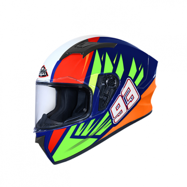 Helm full-face dengan grafis berwarna-warni